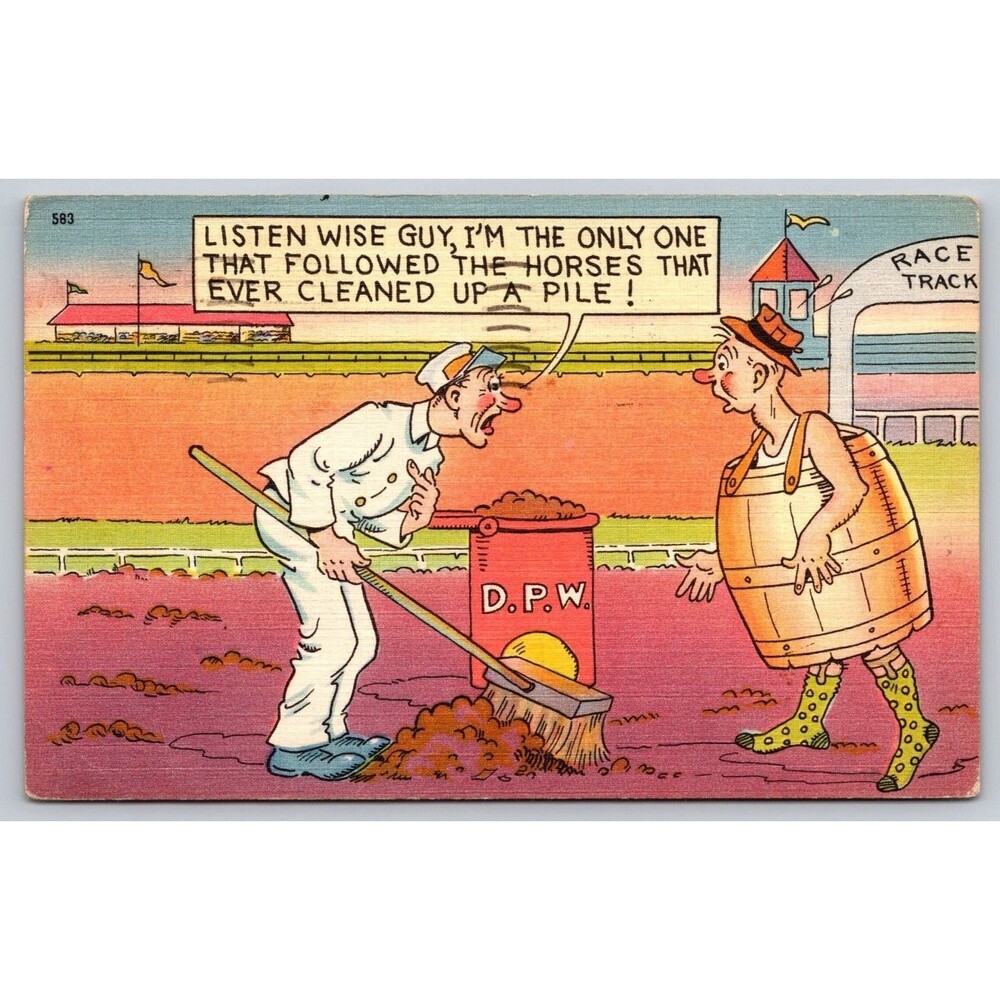 Vintage 1951 Comic Postcard Horse Racing Cleaned Up A Pile Barrel Man Linen MD
